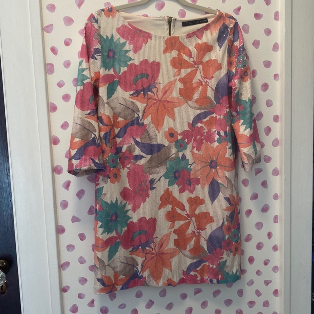 Zara Floral Print Sequin Dress 3/4 length sleeve Size Medium